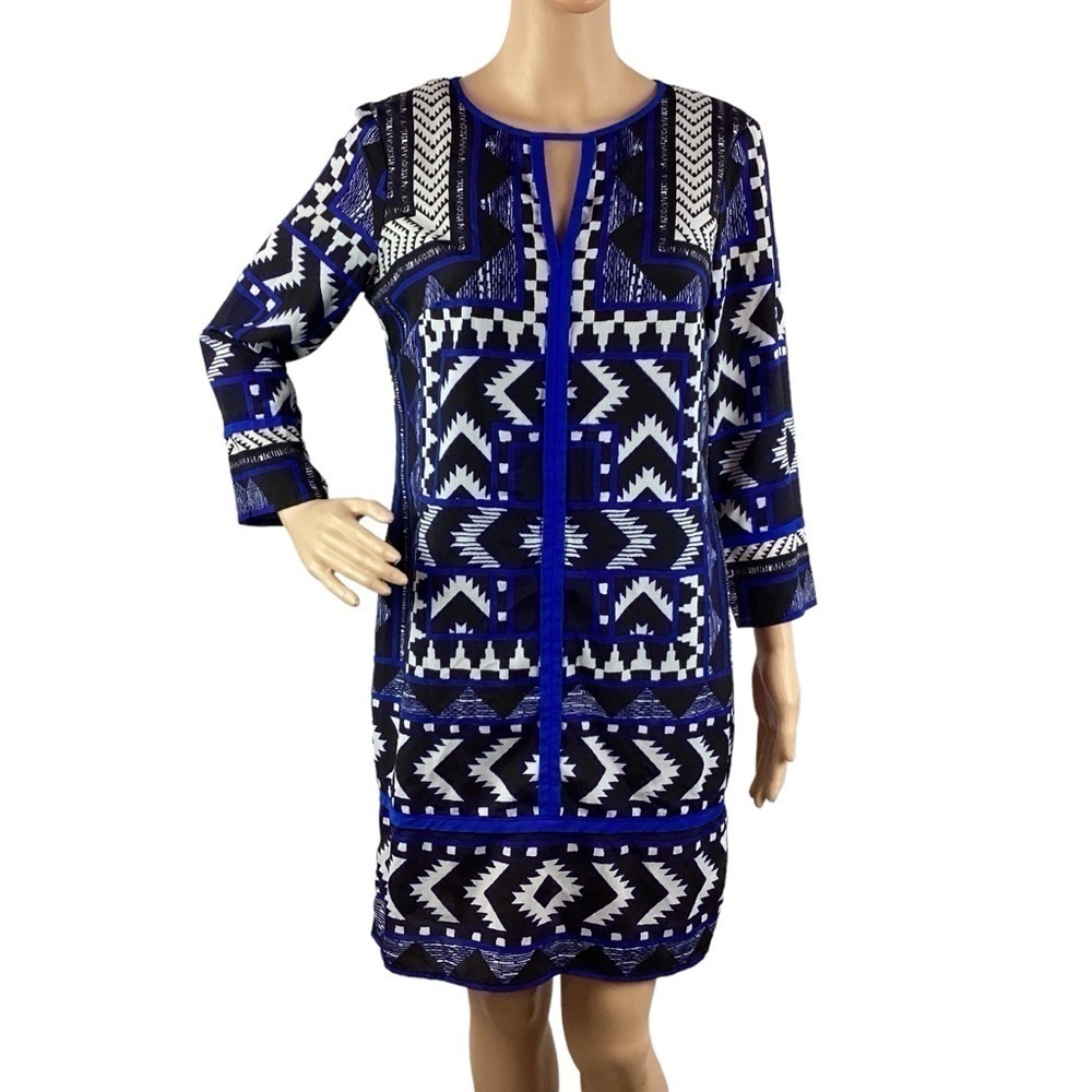 Vince Camuto Geometric Print Shift Dress Size 6 Blue